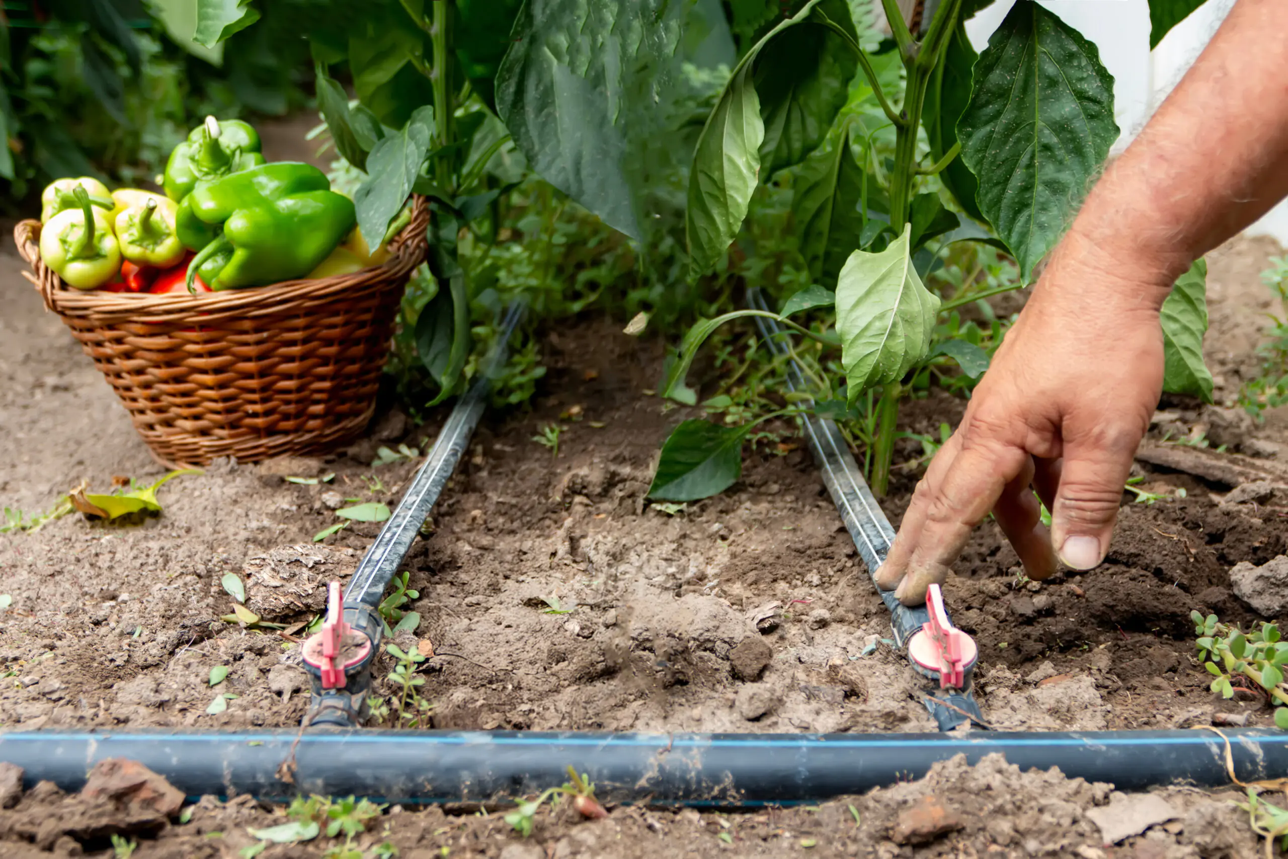Drip irrigation system watering a home garden